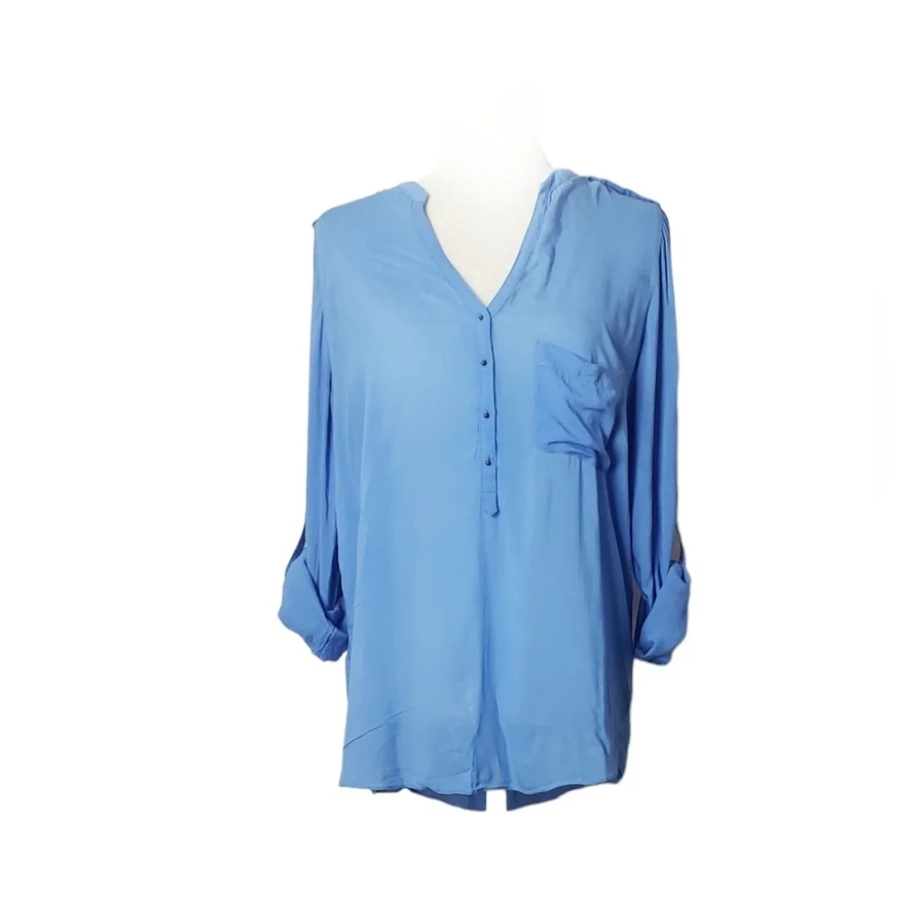 COPY - ⚪2/$20 Zara Henley Roll-Tab Sleeve Viscose Blouse Periwinkle Blue - Picture 1 of 9
